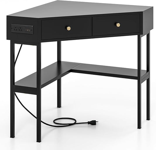 Corner Desk with Charging Station 90° Triangle Desk w/ 2 Drawers Storage Shelves Corner Vanity Table for Bedroom Compact Computer Desk for Small Space