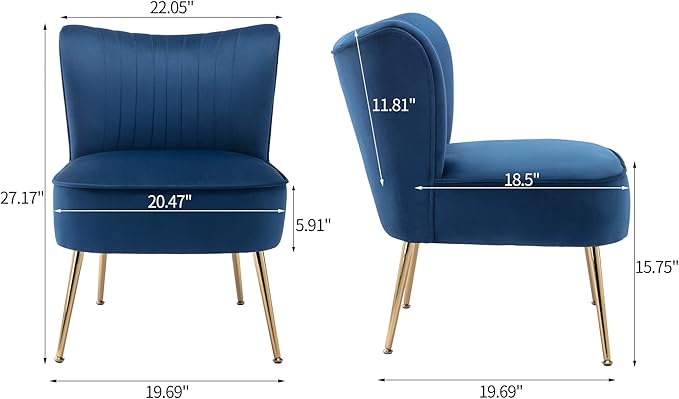 KCC Modern Velvet Upholstered Accent Chair Set of 2Mid Century Living Room Chairs with Golden LegsComfy Armless Chair Wingback Single Sofa Side Chair for BedroomBlue