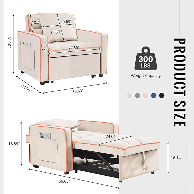 3 in 1 Velvet Sleeper Chair Pull Out Convertible Single Sofa Bed Futon Modern Tufted Chair Bed with Adjustable Backrest Pullout Sleeper Sofa Chair for Bedroom Living Room Indoor Lounge(Beige)