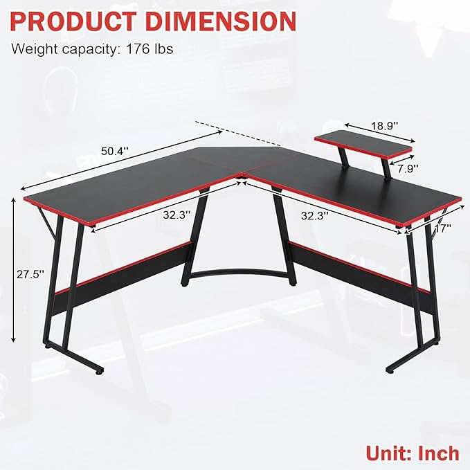 51 Inch L Shaped Gaming Desk Corner Computer Desk with Detachable Monitor Stand for Home Office Learning Gaming WorkstationBlack