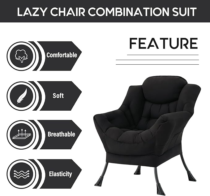 LITA Lazy Chair with Armrests and Side Pocket Modern Upholstered Accent Reading Chair for Living Room Bedroom Dorm Small Spaces Single Black