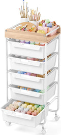 Rolling Cart with 5 DrawersArt Craft CartStorage Utility Cart with WheelsMakeup Organizer with Wooden TabletopWhite