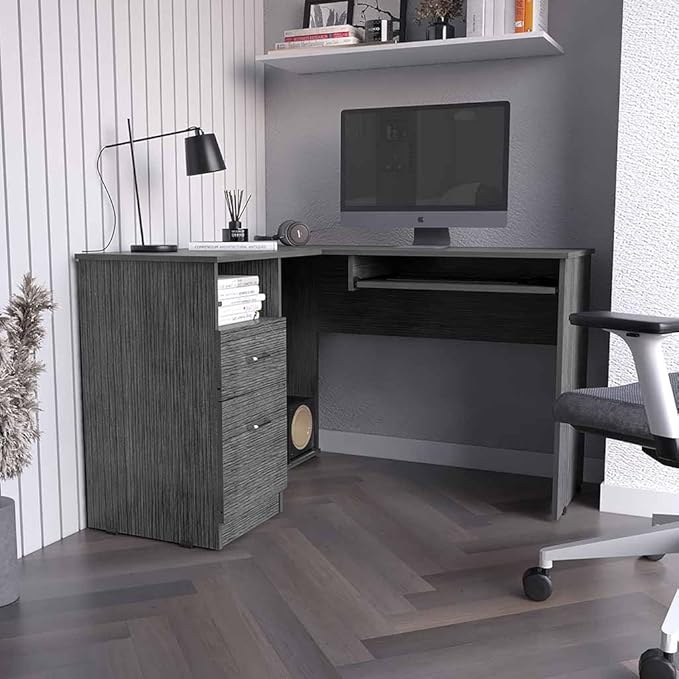 L-Shaped Corner Desk with Keyboard Shelf Smokey Oak Gray - Compact Home Office Workspace