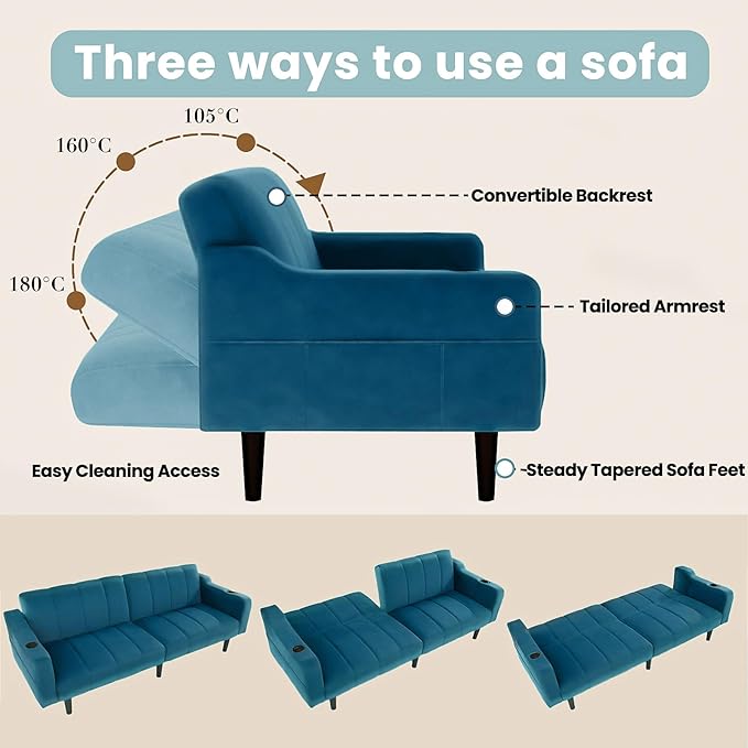 80 Velvet Futon Sofa Bed Convertible Sleeper Loveseat with Cup Holders &amp Storage Pockets Mid Century Modern Couch for Living Room Bedroom Office Small Space (Dark Blue)