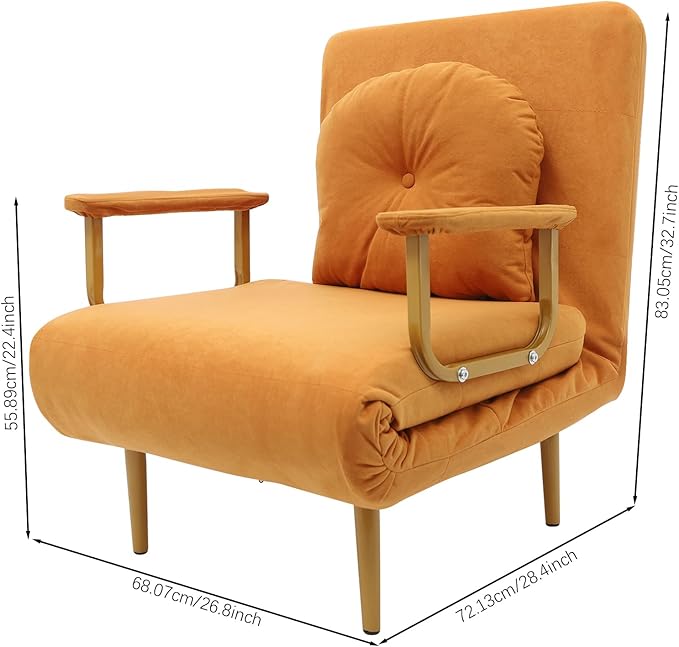 Convertible Sofa Bed Folding Sleeper Chair with 5-Position Adjustable Backrest Pull Out Couch Folding Sofa Bed for Living Room Bedroom Office Dorm and Small Spaces (Orange)
