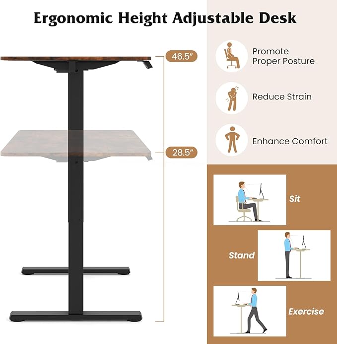 Giantex Electric Standing Desk 48 x 24 Height Adjustable Sit Stand Computer Workstation with 2 Memory Heights Headphone Hook Anti-Collision Design Home Office Computer Desk (Rustic Brown+Black)