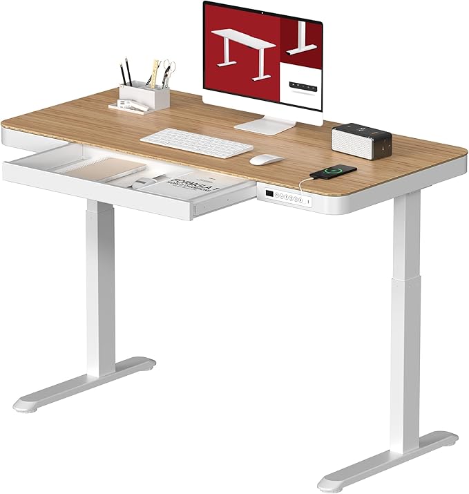 Standing Desk with Drawer Electric Height Adjustable Home Office Desk with Storage &amp USB Ports 48 inch Bamboo Texture Tabletop/White Frame