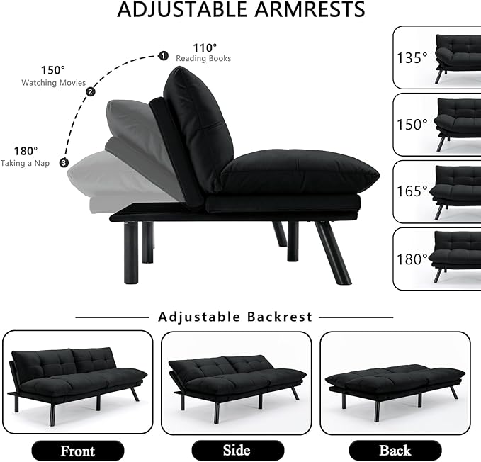 KINFFICT Convertible Futon Sofa Couch Bed Modern Memory Foam Sleeper Loveseat Sofa with Adjustable Armrests &amp Backrests Comfy Love Seat for Living Room Bedroom Office Apartment Small Space