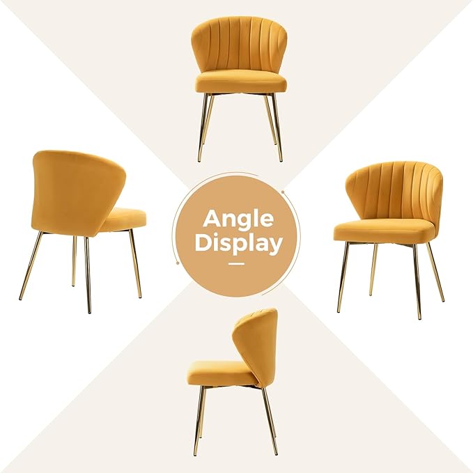 HULALA HOME Velvet Dining Chairs Modern Small Armless Accent Chair with Gold Metal Legs Living Room Upholstered Cute Side Chair Elegant Tufted Back Vanity Chair for Bedroom/Beauty Room-Mustard