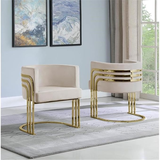 MAKLAINE Accent Barrel Chair 24 L x 22 W x 30 H Beige Cream Velvet Upholstery Gold Chrome Legs Modern Minimalist Design Stylish Leisure Seating for Living Room or Bedroom