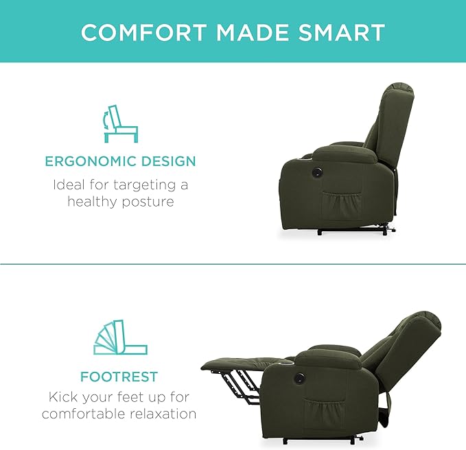 Best Choice Products Modern Linen Electric Power Lift Chair Recliner Massage Chair Adjustable Furniture for Back Legs w/ 3 Positions USB Port Heat Cupholders Easy-to-Reach Button - Olive