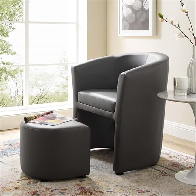Pemberly Row Modern Faux Leather Armchair and Ottoman Gray Finish Foam Padded Upholstery Wooden Frame Self-Storage Tuck Away Ottoman 30 H x 22 W x 28 D Living Room or Lounge Seating