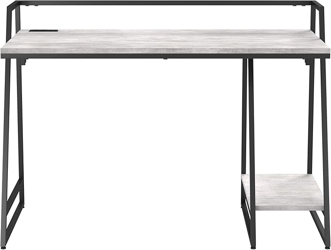24/7 Shop at Home Kestrel Industrial 1 Shelf Metal Writing Desk with USB Port Power Outlet for Workstation Home Office Study Room Antique White and Matte Black