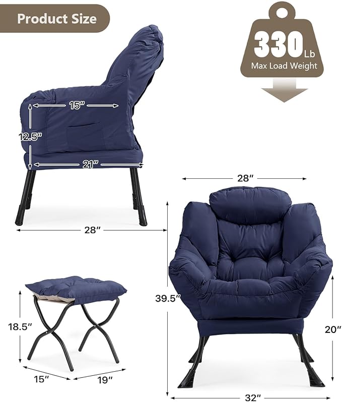 Living Room Chair with Ottoman Modern Lounge Accent Chair with Armrests and a Side Pocket Leisure Upholstered Sofa Lazy Chair Reading Chair with Footrest for Small Space (Navy Blue)
