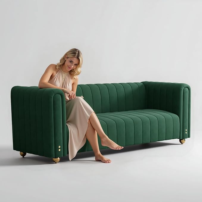 82 Deep Seat Sofa - Gold Leg Modern Couch with Serpentine Springs 750LBS Capacity &amp Fade-Resistant Fabric for Living Room (Emerald Green/Burnt Orange/Classic Black) (Green 3S)