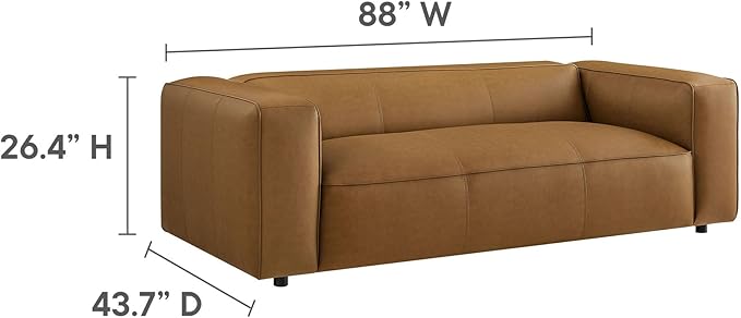 Modway Auren Vegan Leather Sofa in Camel - Faux Leather 3 Seater Couch - 88 Inch Comfy Modern PU Leather Sofa - Oversized Mid Century Modern Couch for Living Room Apartment Loft
