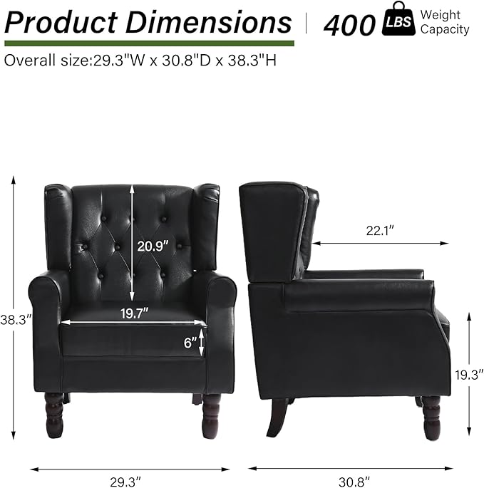 Accent Chair Upholstered Armchair with Button Tufted High Back &amp Solid Wood Legs Comfy Wingback Reading Single Sofa Chair for Small Spaces Living Room Bedroom - Leather Black Set of 1