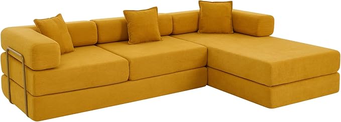 108 Modular Sectional SofaFuton Convertible Sofa BedOversized Corduroy Boneless Couch for Living RoomFloor Loveseat Sleeper with Pull Out BedFree CombinationNo Assembly Required (Yellow)