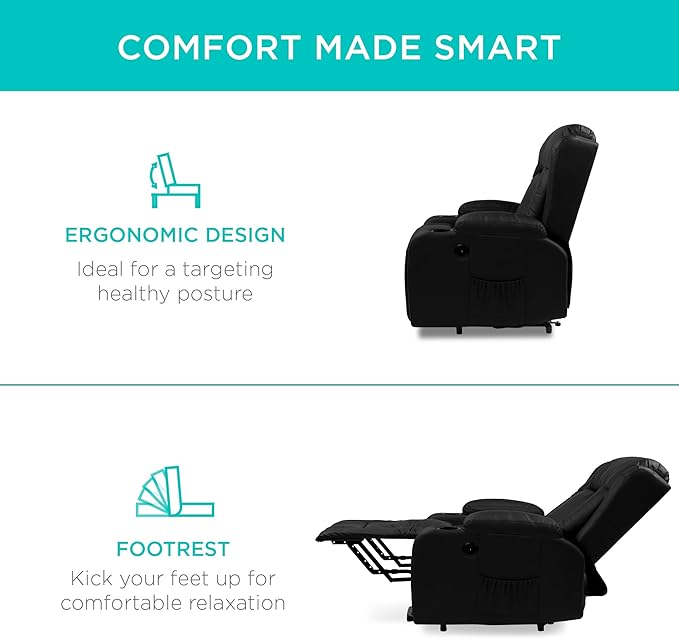 Best Choice Products PU Leather Electric Power Lift Chair Recliner Massage Chair Adjustable Furniture for Back Legs w/ 3 Positions USB Port Heat Cupholders Easy-to-Reach Side Button - Black