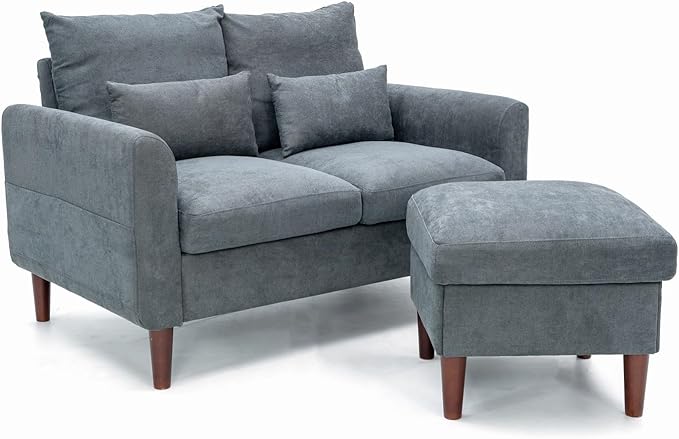 Panana Convertible Sectional Sofa CouchL-Shaped 2 or 3-Seat Sofa Sectional with Reversible Ottoman for Small Living Room Apartment (Gray Linen Fabric 2 Seater with Ottoman - Curved arms)