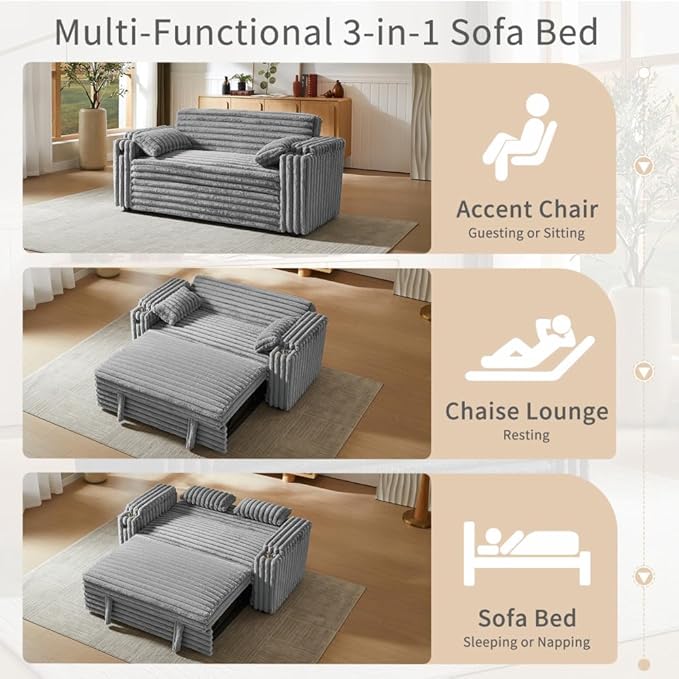 68 Corduroy Convertible Sofa Bed with USB Storage Armrests &amp Pillows – 3-in-1 Foldable Sleeper Chair Floor Couch for Living Room Bedroom Guest Room (ZY-1109-Light Gray)