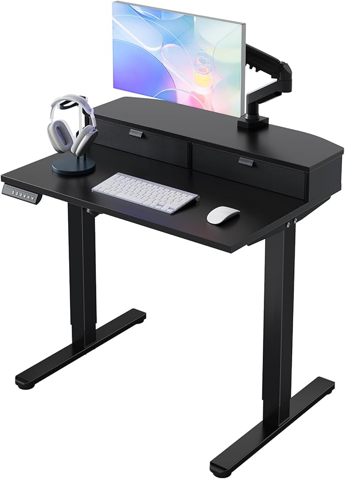 HUANUO 32 x 21 inch Small Electric Standing Desk with 2 Drawers C-Clamp Mount Compatible Height Adjustable Sit Stand Desk Home Office Stand Up Desk with 4 Memory Height Settings Black
