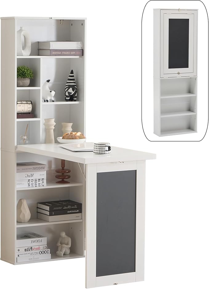 Folding Desk with StorageFoldable Convertible Writing table with Blackboard and ShelvesWall Mount Fold Out Table Cabinet  Space-Saving Murphy Desk Multi-Function Home Office Workstation (White)