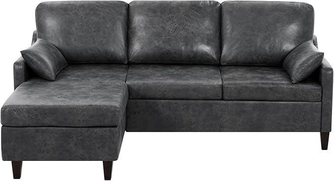 76 Sectional Sofa Couch with Reversible Chaise Suede Leather L Shaped Sofa w/USB Charger Ports &amp Storage Bag Convertible Modern Couch w/Storage Space for Living Room Small Space Grey