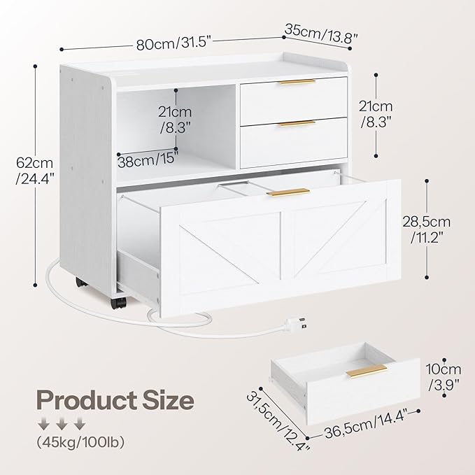 HOOBRO Lateral File Cabinet Wooden Office Storage Drawers with Charging Station Filing Cabinet for Home Office A4/Letter/Legal-Sized Files Printer Stand with Open Storage Spaces White WT37UWJ01