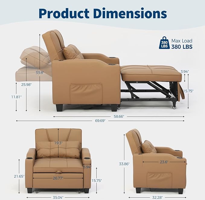 Sleeper Chair Pull Out Bed 4 in 1 Convertible Sofa Chair Bed with Vibration Massage Lumbar Pillow Single Sofa Recliner with USB/Type-C Port Cup Holders and Side Pocket for Small Spaces (Brown)