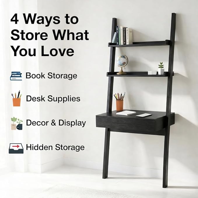 Home Office Desk with Ladder Shelf &amp Drawer Computer Writing Desk with Storage Shelves Modern Small Desk for Bedroom Study