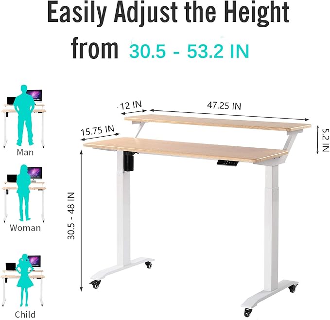 UNICOO Electric Height Adjustable 2-Tier Raising Desk with Wheels Mobile Standing Desk with Monitor Stand Ergonomic Adjustable Computer Table Electric Standing Game Table for Home Office