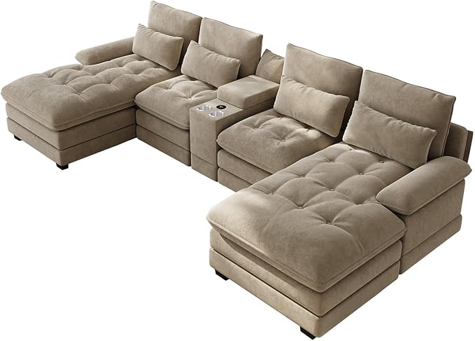 134U Shaped Sectional Couches for Living RoomOversized Modular Sectional Fluffy Couch with Chaise Lounge &amp Tufted ButtonsModern Chenille 6 Seat Living Room Sofa Set with Storage ConsoleCamel
