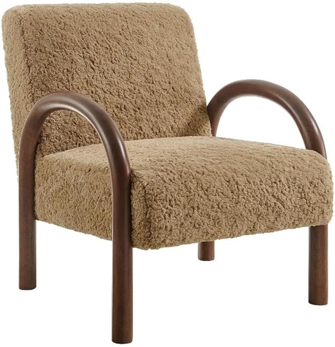 MAKLAINE Contemporary Faux Shearling Accent Armchair Sand Upholstery Solid Wood Frame Arched Armrests High Resiliency Foam Cushion Modern Design for Living Room or Bedroom