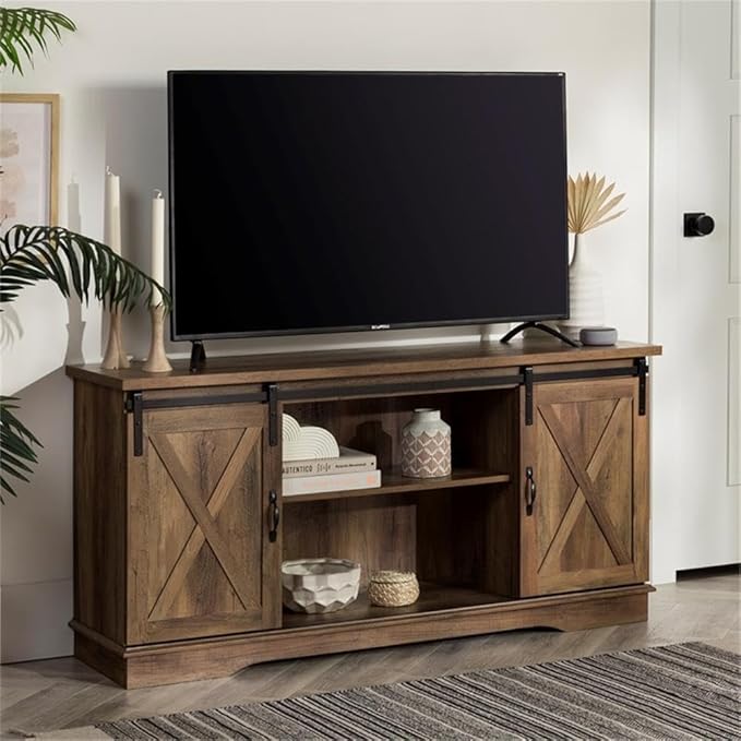 Walker Edison Richmond Modern Farmhouse Sliding Barn Door TV Stand for TVs up to 65 Inches 58 Inch Reclaimed Barnwood