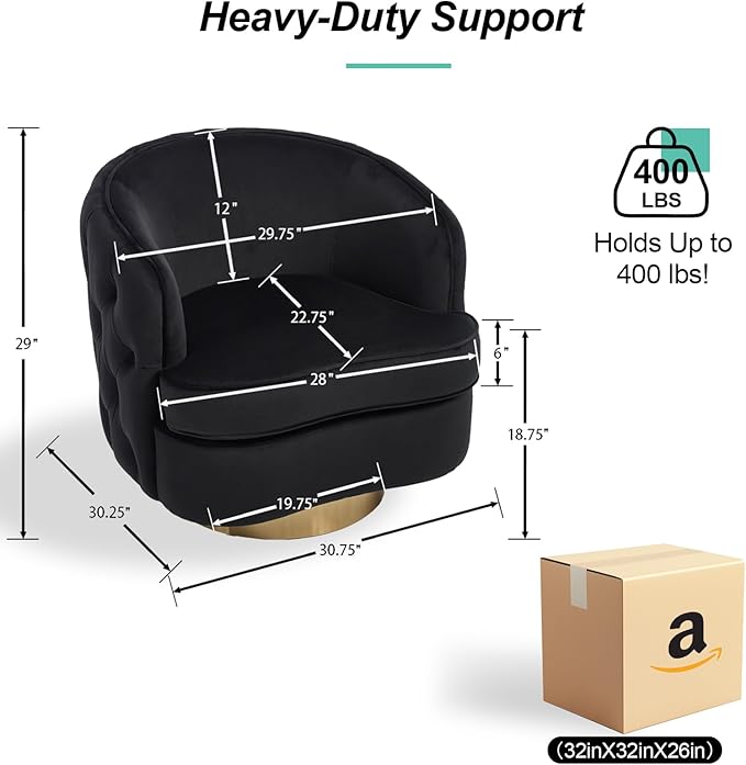 Black Modern Accent Chair Swivel Barrel Armchair for Living Room Button Tufted Velvet Comfy Chairs Round Upholstered Single Sofa Seating with Gold Base