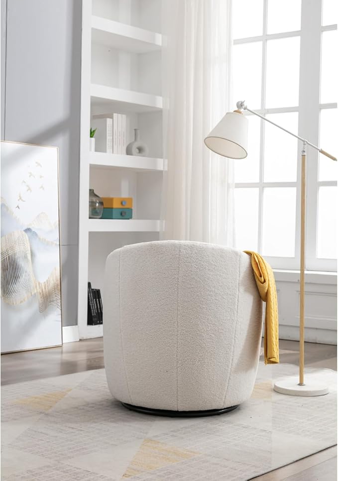 Teddy Fabric Swivel Accent Armchair Barrel Chair with Black Powder Coating Metal Ring Ivory White 360° Swivel Indoor Living Room Decor Durable Upholstered