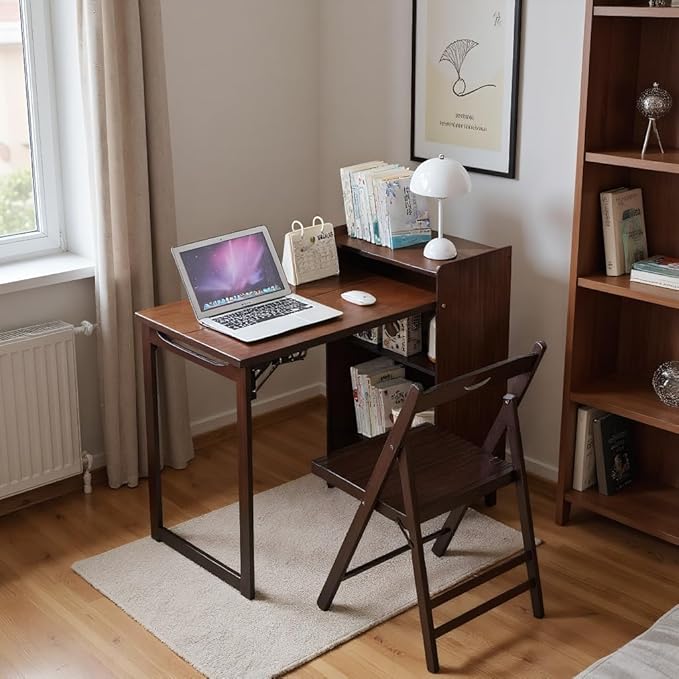 KEIKI Extendable Computer Desk Bamboo Folding Desk Computer Desk with Hidden Storage and Built-in Socket Mid Century Foldable Table for Home Office and Bedroom Walnut Brown