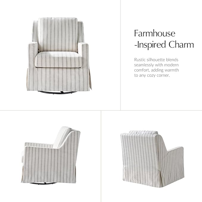 HULALA HOME Swivel Rocker Chair Farmhouse Swivel Rocking Accent Chair with Washable Slipcover Striped Fabric Barrel Armchair with Down Filled Cushions Grey