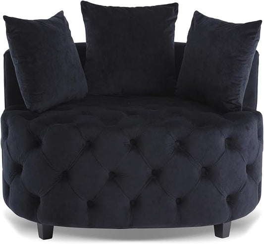 Round Accent Chair 40” Modern Velvet Sofa Chair with 3 Pillows Comfy Upholstered Tufted Club Lounge Chair for Living Room Bedroom Black