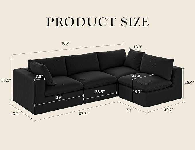 106“ Cloud Sectional Couches Sofa for Living Room Modern 4 Seats Couch Convertible L Shape Sofa No Assembly Needed (Black)