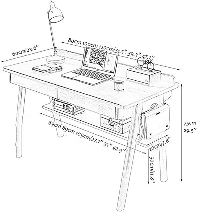 Solid Wood Writing Deskmid-Century Modern DeskHome Office Computer Desk with 2 Drawers and Storage ShelfStudy Table Workstation Scandinavian Furniture(80cm/31.5 Wood)