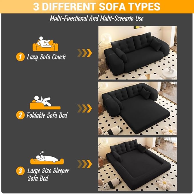 Polibi 78.7 Foldable Sofa Bed 3-in-1 Convertible Floor Couch Sleeper with Removable Teddy Fabric Cover &amp 4 Pillows – Multi-Functional Foam-Filled Sleeper for Living RoomNo Assembly Required (Bl