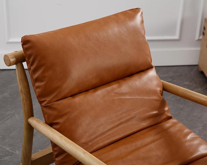 Mid Century Modern Sling Accent Chairs Set of 2 Faux Leather Living Room Chairs with Solid Wood Frame Comfy Upholstered Single Sofa Armchair for Lounge/Bedroom/Reading Brown