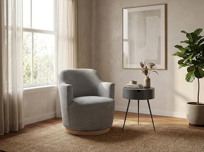Meridian Furniture 449Grey Clarita Collection Modern | Contemporary Swivel Accent Chair with Soft Light Grey Chenille Fabric Natural Wood Finish Base 26.5 W x 30.5 D x 31 H Grey
