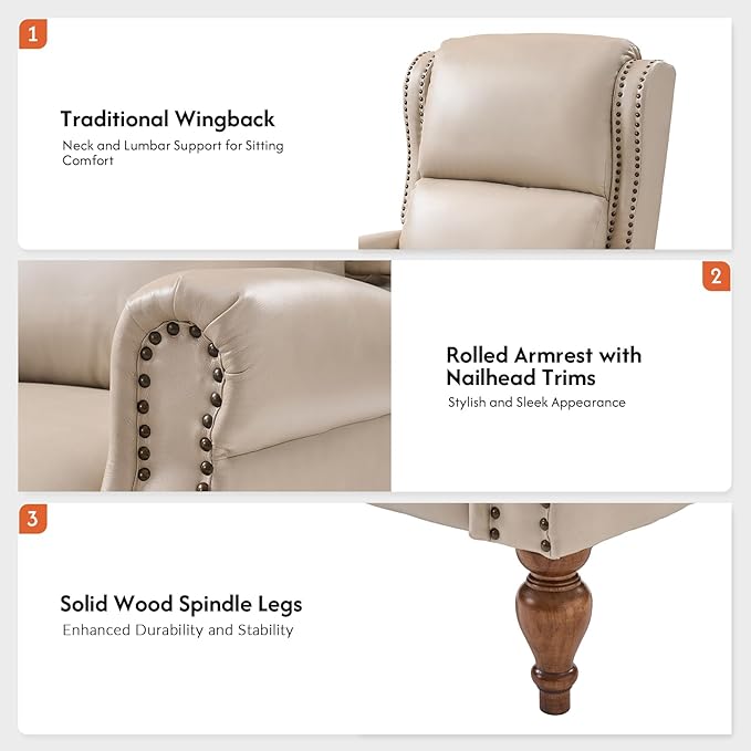 Pushback Recliner Chair Mid Century Modern Upholstered Faux Leather Recliner Single Sofa Accent Chair with Wood Legs and Rivet Decoration for Living Room Bedroom Beige