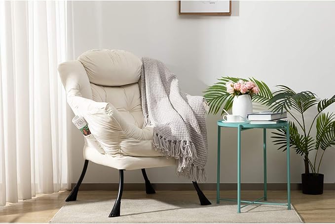 HollyHOME Lazy Chair with Armrest and Side Pocket Comfy Accent Lounge ChairLeisure Sofa Armchair for Living Room Bedroom Dorm or Small Spaces Oversized Reading Sofa ChairVelvet Beige