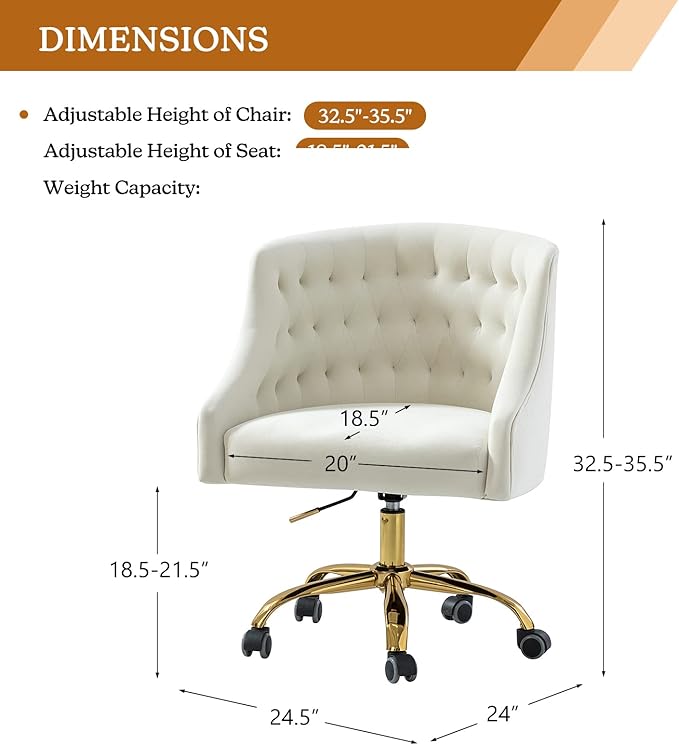 Velvet Home Office Chair with Gold Base Comfortable Modern Cute Desk Chair Adjustable Swivel Task Chair for Living Room Bedroom Vanity Study Ivory