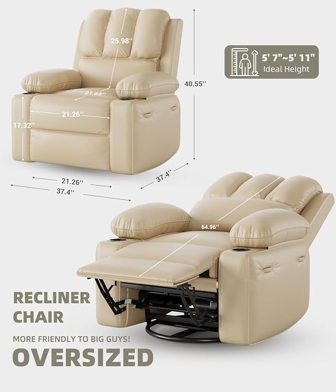 Power Recliner Chair for Adults with Massage and Heat Swivel Oversized Leather Recliner Chair with USB Ports &amp Side Pockets for Living Room (22 Medium-Seat WidthBeige)
