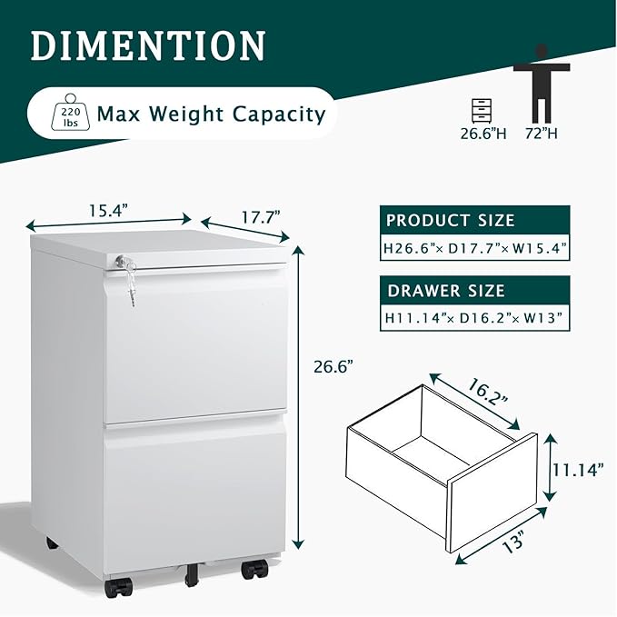 2 Drawer Mobile File Cabinet with Lock and Wheel Anti-tilt Design Metal Vertical Filing Cabinet Rolling Desk Filing Cabinet fits Letter/Legal Size for Home Office (White)